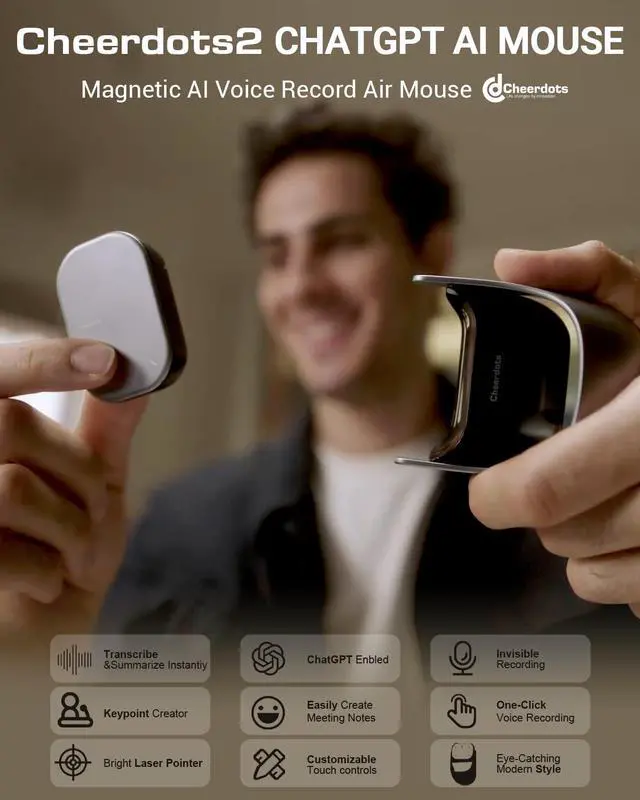 Alt view image 2 of 5 - Cheerdots2 ChatGPT AI Mouse, Presentation Mode, Magnetic Detachable Design, Smart Software Control, Portable for Meetings & Work, Intelligent Audio Recording & SavingAI Chatgpt