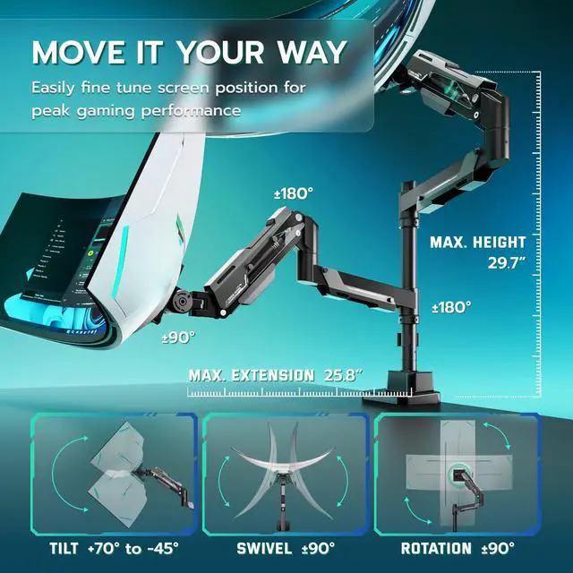 Alt view image 5 of 5 - ARES WING Vertical Dual Monitor Mount - 24-57" Aluminum Heavy Duty Monitor Arms for 2 Monitors, Fully Adjustable Gas Spring Stacked Monitor Stand with 75/100/200 Vesa Mount, Black