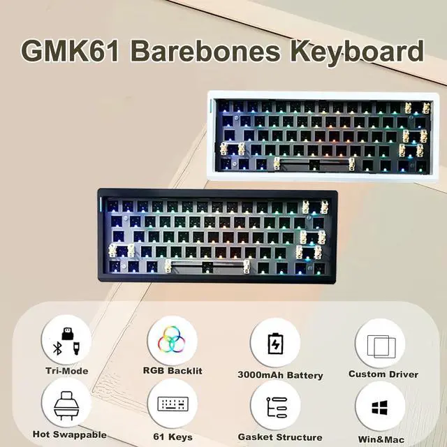 Alt view image 5 of 5 - ZUOYA GMK61 60% Mechanical Keyboard Kit,Triple Mode BT5.0/ Wired/2.4GHz Wireless Gaming Keyboard RGB Programmable Hot Swap PCB Custom Barebones 61 Keys Gasket-Mounted Compact DIY Kit (White)