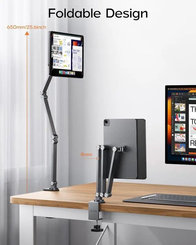 Alt view image 3 of 5 - LULULOOK Magnetic Arm Stand for iPad Air 11" M2/M3 & Pro 11" Gen 1-4 - Heavy Duty Aluminum iPad Stand for Desk Mount with Foldable Arm & 360° Swivel Clamp Base for Air 10.9" 4/5 - Pro 11" Gen 1/2/3/4