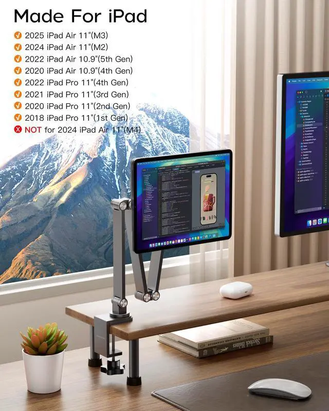 Alt view image 2 of 5 - LULULOOK Magnetic Arm Stand for iPad Air 11" M2/M3 & Pro 11" Gen 1-4 - Heavy Duty Aluminum iPad Stand for Desk Mount with Foldable Arm & 360° Swivel Clamp Base for Air 10.9" 4/5 - Pro 11" Gen 1/2/3/4