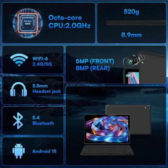 Alt view image 2 of 5 - HiGrace 2025 Latest Upgraded Android 15 Tablet 10 Inch, 24GB+128GB+1TB Expand, WiFi 6 BT 5.4, Type-C Fast Charging, Dual Camera, Widevine L1 HD IPS Screen with Keyboard