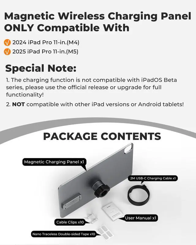 Alt view image 3 of 5 - KU XIU Magnetic Wireless Charging Panle for iPad Pro 11'' M4/M5 Only, Aluminum Alloy Panle for 17mm Ball Head with 2M USB-C Cable, Wirder Compatibility Various Tablet Mount [Arm/Stand Not Included]