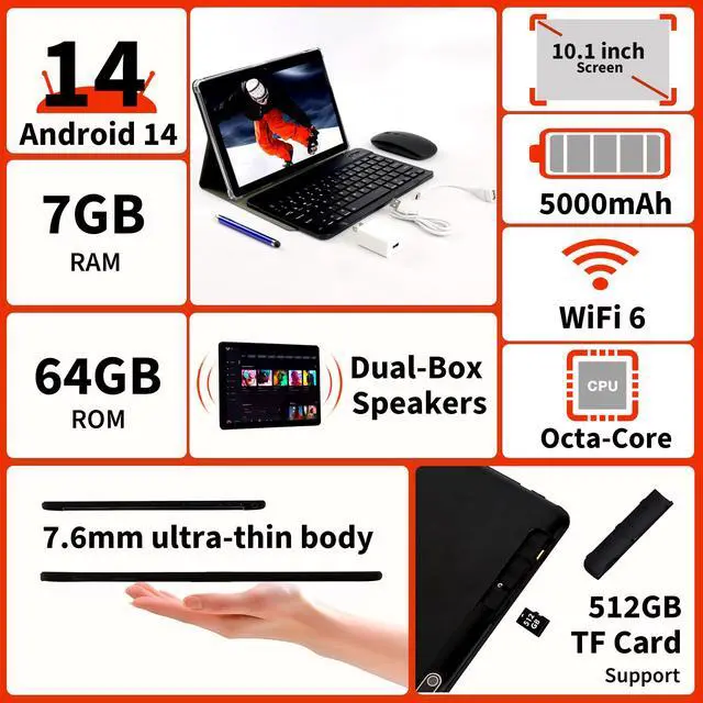 Alt view image 2 of 5 - Veidoo 2 in 1 Portable Android Tablet with Keyboard, Mouse & Stylus, Tablet 10.1 inch IPS HD Screen with 7GB RAM (3GB+4GB) 64GB ROM Expandable to 512GB, Octa-Core Processor, WiFi 6