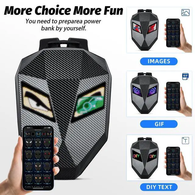 Alt view image 4 of 5 - Untrxr 19inch LED Motorcyle Knight Backpack for Men,Hard Case Riding Backpack Motorbike Laptop Bag Waterproof, DIY Programmable Full Color Display & Eyes