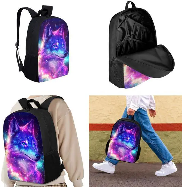 Alt view image 2 of 5 - HELLHERO 3pcs/set Galaxy Wolf Backpack School Bag Boys Secondary School Girls Schoolbag for Kids Bookbag with Lunch Box Pencil Purse Hiking Camping Travel Picnic Laptop Backpacks Rucksacks
