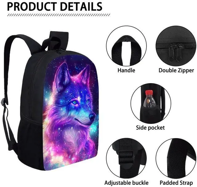 Alt view image 4 of 5 - HELLHERO 3pcs/set Galaxy Wolf Backpack School Bag Boys Secondary School Girls Schoolbag for Kids Bookbag with Lunch Box Pencil Purse Hiking Camping Travel Picnic Laptop Backpacks Rucksacks