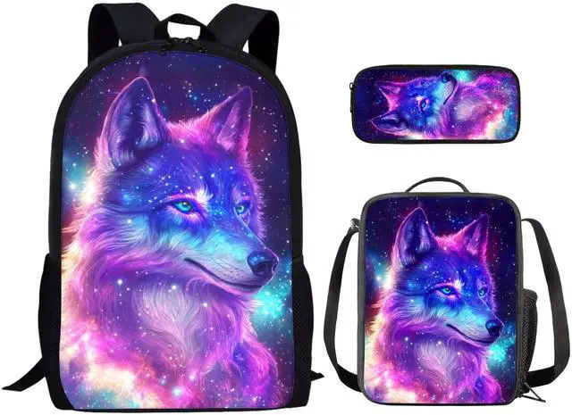 Main image of HELLHERO 3pcs/set Galaxy Wolf Backpack School Bag Boys Secondary School Girls Schoolbag for Kids Bookbag with Lunch Box Pencil Purse Hiking Camping Travel Picnic Laptop Backpacks Rucksacks
