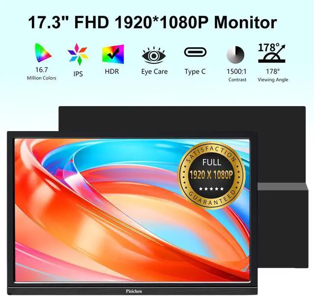 Alt view image 2 of 5 - Portable Monitor 17.3 Full HD 1920x1080P Large Computer Display IPS Screen HDMI USB TypeC External Travel Monitor for Laptop PC Xbox Switch Ras Pi, Built-in Speakers & Kickstand