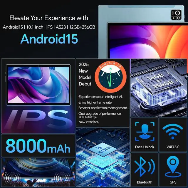 Alt view image 3 of 5 - Tablet M8 Android 15 with Keyboard,16GB+256GB 10.1 inch Tablets, 8000mAh Battery, 8-Core, Widevine L1, 2.4Ghz /5G, Dual Band WiFi/Bluetooth, 5/13MP Cameras Bundle with Case, Mouse & Stylus (Blue)