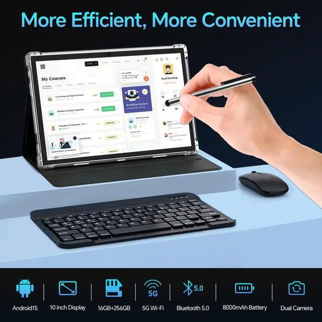 Alt view image 4 of 5 - Tablet M8 Android 15 with Keyboard,16GB+256GB 10.1 inch Tablets, 8000mAh Battery, 8-Core, Widevine L1, 2.4Ghz /5G, Dual Band WiFi/Bluetooth, 5/13MP Cameras Bundle with Case, Mouse & Stylus (Blue)