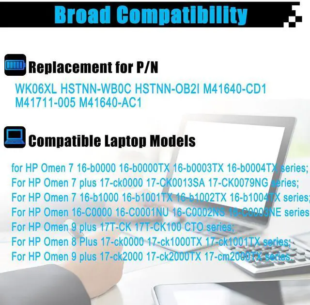 Alt view image 3 of 5 - AOMKA WK06XL M41711-005 Laptop Battery Replacement for HP Omen 16-b0xxx 16-b0000TX 16-B0047TX 16-C0xxx 16-C0167AX Omen 17-ck0024ur 17-ck0020nr 17-ck0019u Series M41640-CD1 M41640-AC1 11.58V 83Wh