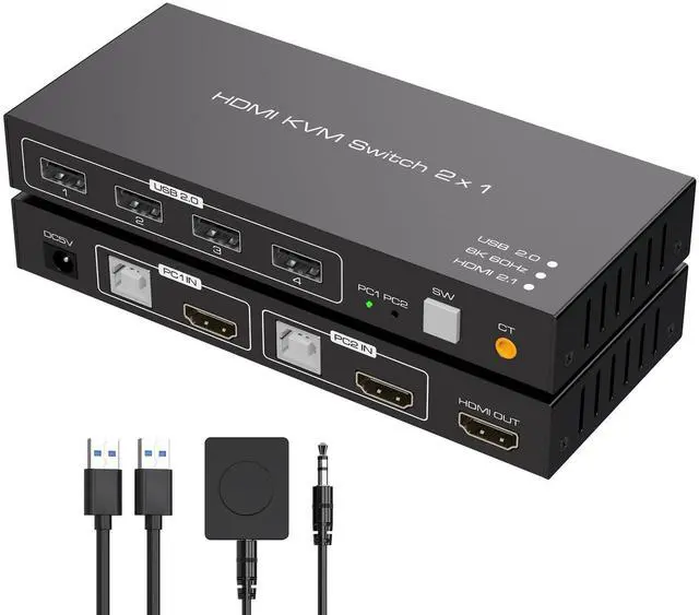 Main image of 8K HDMI KVM Switch 1 Monitors 2 Computers Supports 8K@60Hz 4K@120Hz Share 1 Monitor Keyboard Mouse Hard Drives Printer KVM Switches Includes 2 USB 2.0 Cables