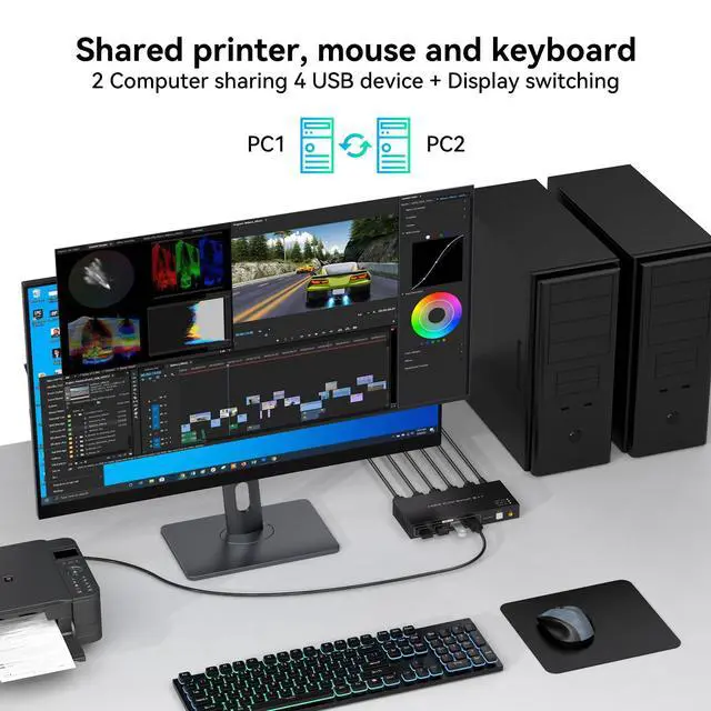 Alt view image 3 of 5 - 8K HDMI KVM Switch 1 Monitors 2 Computers Supports 8K@60Hz 4K@120Hz Share 1 Monitor Keyboard Mouse Hard Drives Printer KVM Switches Includes 2 USB 2.0 Cables