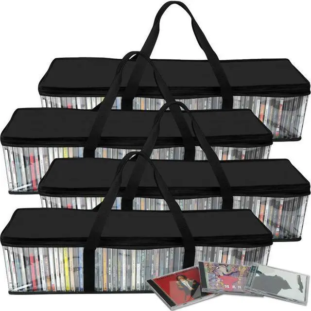 Main image of Evelots CD Storage Bags (4 Pack) Clear PVC Plastic Media Carrying Case with Zipper - Holds 200 CDs Total - Strong Handles - Protects CDs, Video Games, Music from Dirt & Moisture