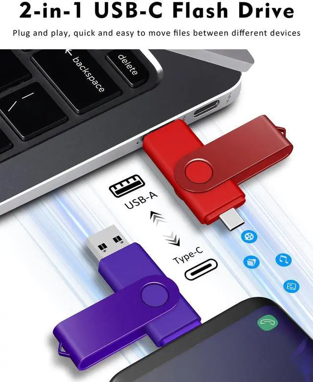 Alt view image 4 of 5 - AreTop 32GB USB C Thumb Drive Dual USB 2.0 Flash Drive 32GB USB Drive Swivel Design 2-in-1 Portable Type-C Memory Stick for Android Smartphone, Computers, MacBook, Tablets, PC, 5 Pack