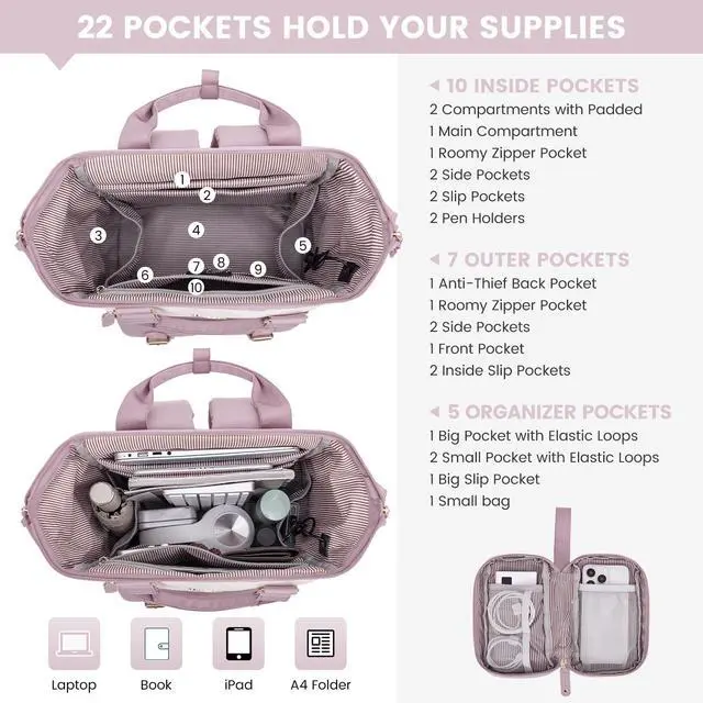 Alt view image 2 of 3 - LOVEVOOK Laptop Backpack for Women Work Teacher Bag Travel Backpack, Stylish College Backpack Purse, Business Computer Laptop Bag Nurse Bags, Casual Daypack, 15.6 Inch