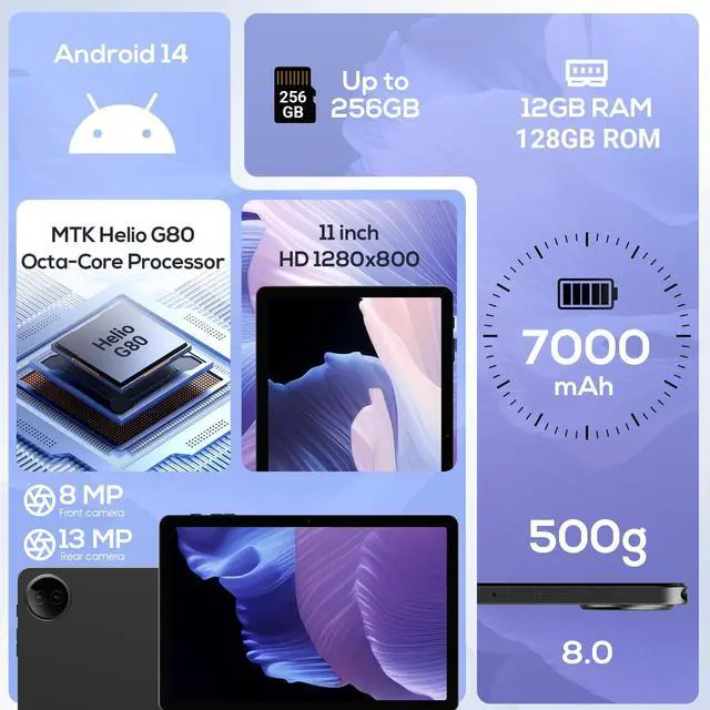 Alt view image 2 of 5 - DigiLand Android Tablets, 11" Android 14 Tablet with Octa-Core CPU, RAM 12GB + ROM 128GB (Up to 256GB), 7000mAh Battery, 8MP + 13MP Dual Camera, WiFi & Bluetooth 5.0 - Gray