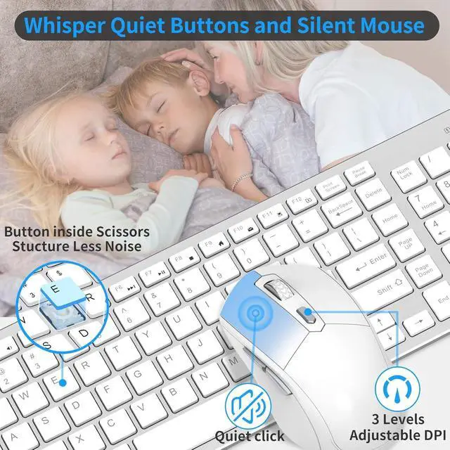 Alt view image 2 of 5 - Wireless Keyboard Mouse Combo - Rechargeable, Quiet, Compact Design with Number Pad, 2.4 GHz USB Receiver, Slim Keyboard and Ergonomic Mice Set for Windows Computer Desktop PC Laptop -Silver White