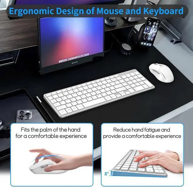 Alt view image 4 of 5 - Wireless Keyboard Mouse Combo - Rechargeable, Quiet, Compact Design with Number Pad, 2.4 GHz USB Receiver, Slim Keyboard and Ergonomic Mice Set for Windows Computer Desktop PC Laptop -Silver White
