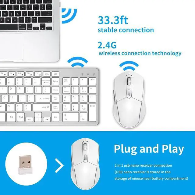 Alt view image 3 of 5 - Wireless Keyboard Mouse Combo - Rechargeable, Quiet, Compact Design with Number Pad, 2.4 GHz USB Receiver, Slim Keyboard and Ergonomic Mice Set for Windows Computer Desktop PC Laptop -Silver White