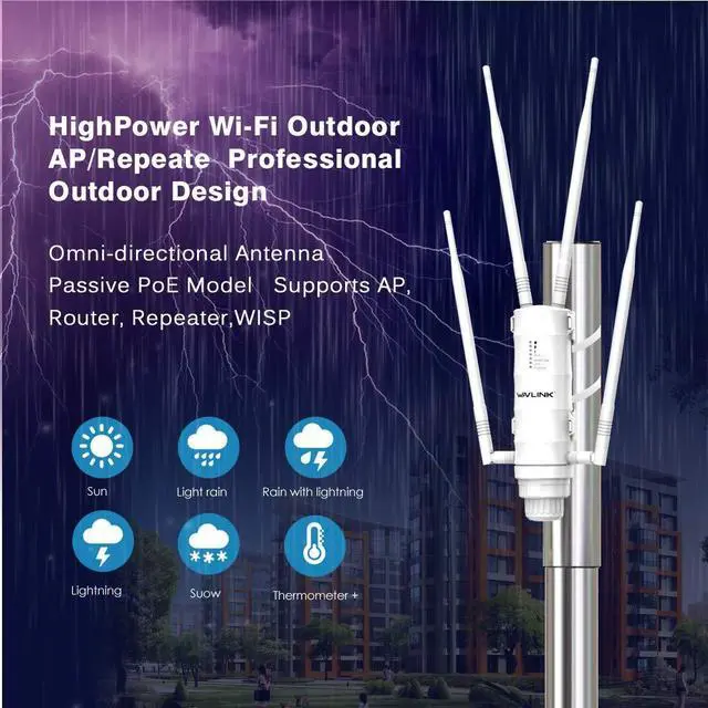 Alt view image 4 of 5 - WAVLINK AC1200 High Power Outdoor Weatherproof WiFi Range Extender, Long Range Wireless AP/Router/Repeater/WISP Mode with POE Powered, Point to Point WiFi Bridge, 4x7dBi Omni Directional Antennas