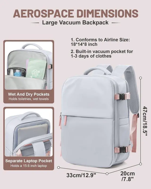 Alt view image 2 of 5 - bergsalz Vacuum Backpack With Pump Large Travel Laptop Backpacks For Women Men Carry On Backpack Vacpack Backpacks With Vacuum Compression Grey
