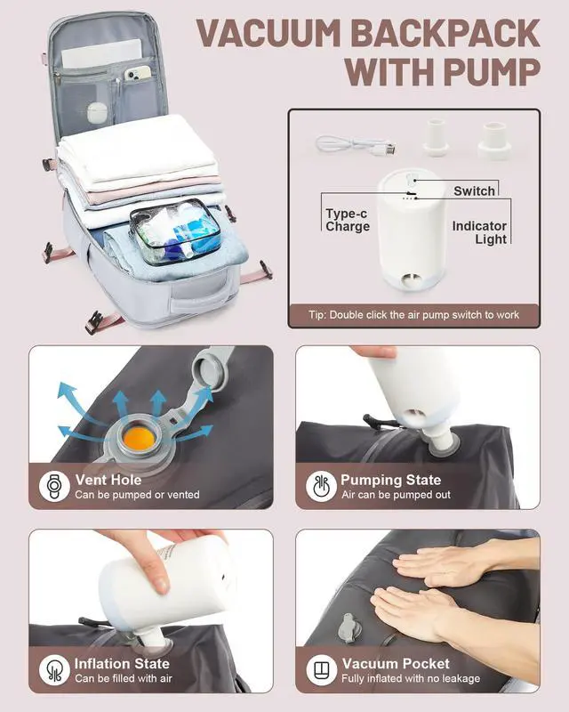 Alt view image 3 of 5 - bergsalz Vacuum Backpack With Pump Large Travel Laptop Backpacks For Women Men Carry On Backpack Vacpack Backpacks With Vacuum Compression Grey