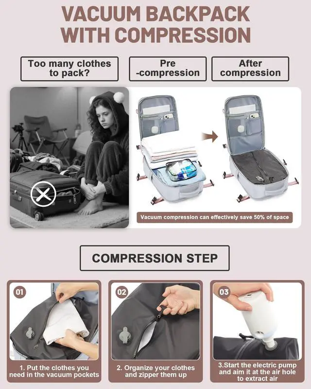 Alt view image 4 of 5 - bergsalz Vacuum Backpack With Pump Large Travel Laptop Backpacks For Women Men Carry On Backpack Vacpack Backpacks With Vacuum Compression Grey