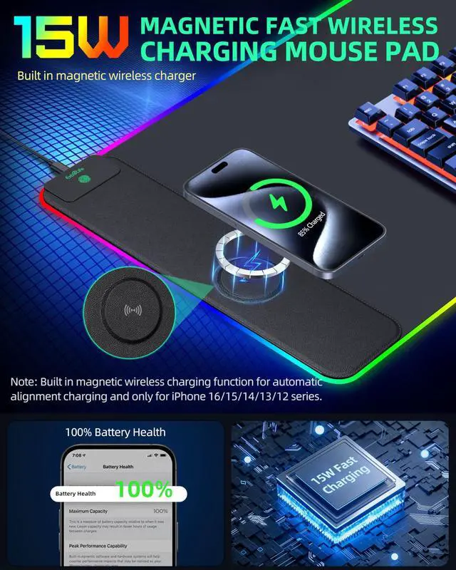 Alt view image 2 of 5 - Mouse Pad with Wireless Charging, RGB Gaming Desk Mat, Large XXL Desk Pad, 15 Lighting Modes, Ultra-Smooth Surface, Non-Slip Mouse Mat, Waterproof Computer Keyboard Pad for Gamer, 800x400x4MM, Black