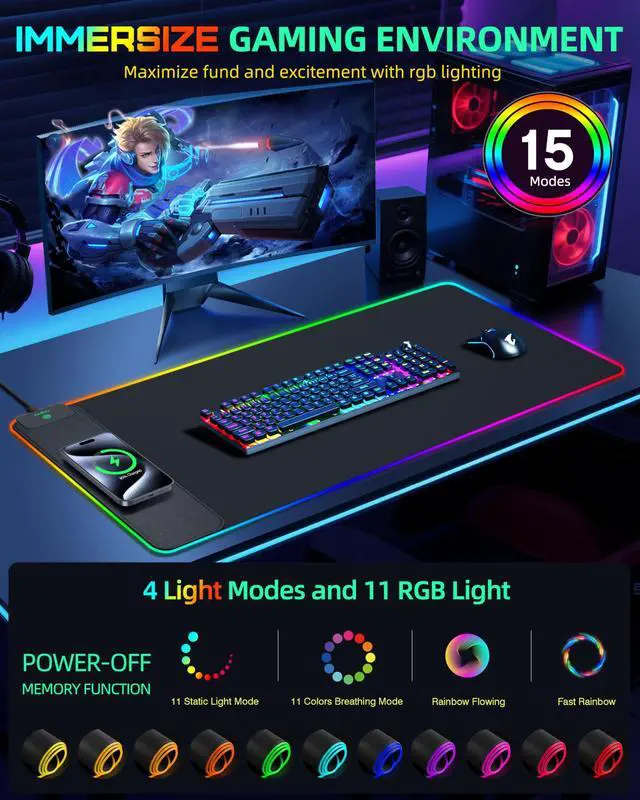 Alt view image 3 of 5 - Mouse Pad with Wireless Charging, RGB Gaming Desk Mat, Large XXL Desk Pad, 15 Lighting Modes, Ultra-Smooth Surface, Non-Slip Mouse Mat, Waterproof Computer Keyboard Pad for Gamer, 800x400x4MM, Black