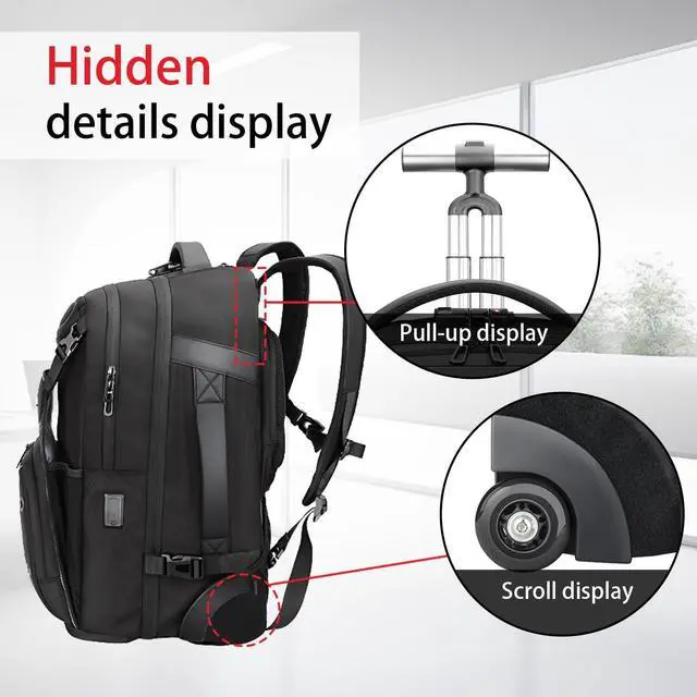 Alt view image 3 of 5 - RoyalAnt Large Travel Laptop Backpack for Men,55L Backpack with Wheels,17.3inch Basketball Bag with Shoe Compartment, TSA Lock, USB & Type-C Wheeled Backpack for Travel Work Sports,Black