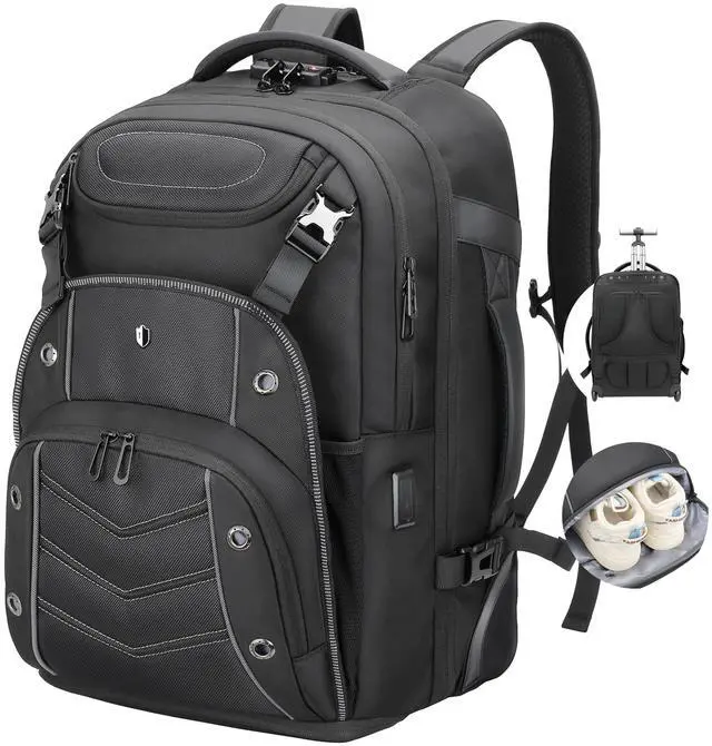 Main image of RoyalAnt Large Travel Laptop Backpack for Men,55L Backpack with Wheels,17.3inch Basketball Bag with Shoe Compartment, TSA Lock, USB & Type-C Wheeled Backpack for Travel Work Sports,Black