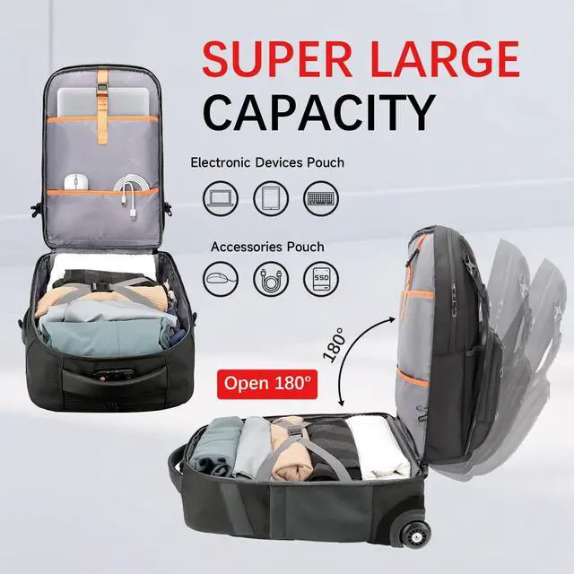 Alt view image 4 of 5 - RoyalAnt Large Travel Laptop Backpack for Men,55L Backpack with Wheels,17.3inch Basketball Bag with Shoe Compartment, TSA Lock, USB & Type-C Wheeled Backpack for Travel Work Sports,Black