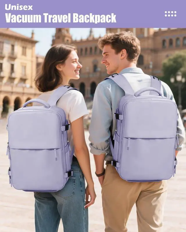 Alt view image 2 of 5 - Large Vacuum Seal Compression Travel Backpack for Women Men Air Backpack Vacpack Travel Vacuum Bags with Pump Laptop Backpack with Shoe Compartment Carry On Suitcase Luggage Flight Approved Purple