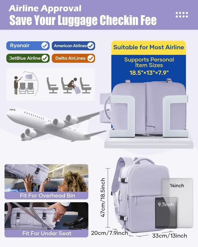 Alt view image 3 of 5 - Large Vacuum Seal Compression Travel Backpack for Women Men Air Backpack Vacpack Travel Vacuum Bags with Pump Laptop Backpack with Shoe Compartment Carry On Suitcase Luggage Flight Approved Purple