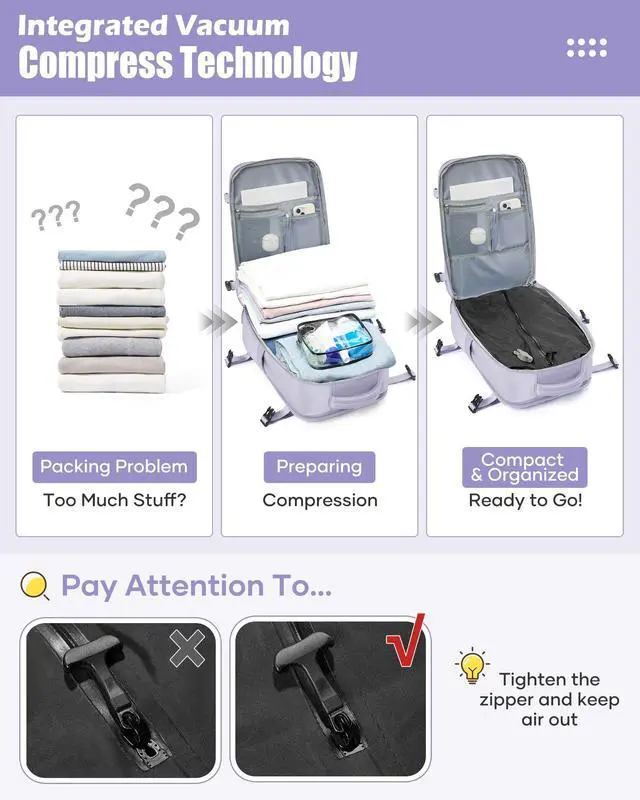 Alt view image 4 of 5 - Large Vacuum Seal Compression Travel Backpack for Women Men Air Backpack Vacpack Travel Vacuum Bags with Pump Laptop Backpack with Shoe Compartment Carry On Suitcase Luggage Flight Approved Purple