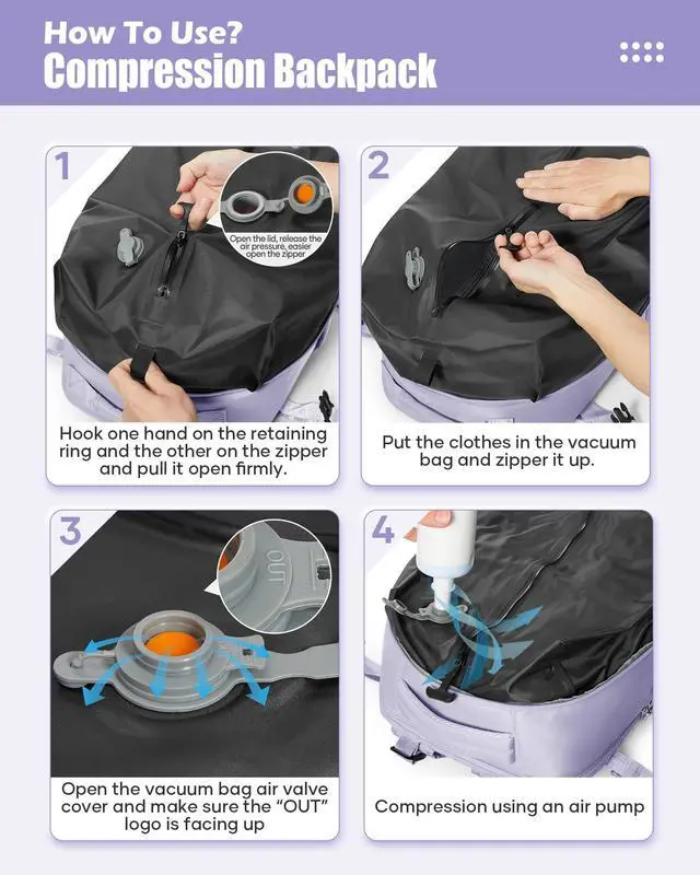 Alt view image 5 of 5 - Large Vacuum Seal Compression Travel Backpack for Women Men Air Backpack Vacpack Travel Vacuum Bags with Pump Laptop Backpack with Shoe Compartment Carry On Suitcase Luggage Flight Approved Purple