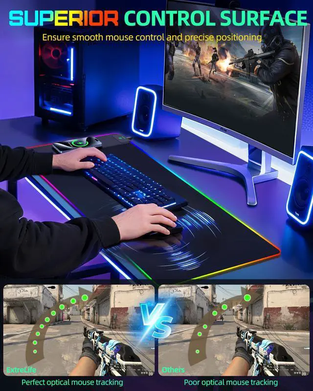 Alt view image 4 of 5 - Mouse Pad with Wireless Charging, RGB Gaming Desk Mat, Large XXL Desk Pad, 15 Lighting Modes, Ultra-Smooth Surface, Non-Slip Mouse Mat, Waterproof Computer Keyboard Pad for Gamer, 800x400x4MM, Black