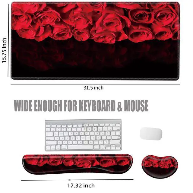 Alt view image 3 of 5 - Red Roses Keyboard and Mouse Pad with Wrist Rest Large Mousepad XXL Desk Mat Set 31.5" x 15.75" Desk Pad Support Extended Non-Slip Rubber Base Computer Mat for Women Gift