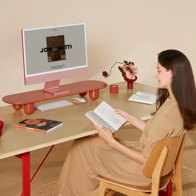 Alt view image 2 of 5 - Fenge Monitor Riser, 34 Inch Dual Monitor Stand for Large Monitors, Desk Organizer with Wooden Shelf & Solid Wood Legs, Computer Stand for Laptop, TV, PC, Printer, Red