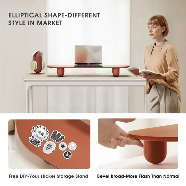 Alt view image 4 of 5 - Fenge Monitor Riser, 34 Inch Dual Monitor Stand for Large Monitors, Desk Organizer with Wooden Shelf & Solid Wood Legs, Computer Stand for Laptop, TV, PC, Printer, Red