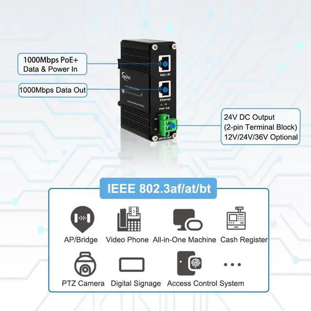 Alt view image 3 of 5 - Htfoevrxs Industrial Gigabit 30W PoE+ Splitter IEEE802.3at/af 24V DC Output with Terminal Block, 10/100/1000Mbps, -40~80°C Power Supply for Security Cameras, Access Control Systems