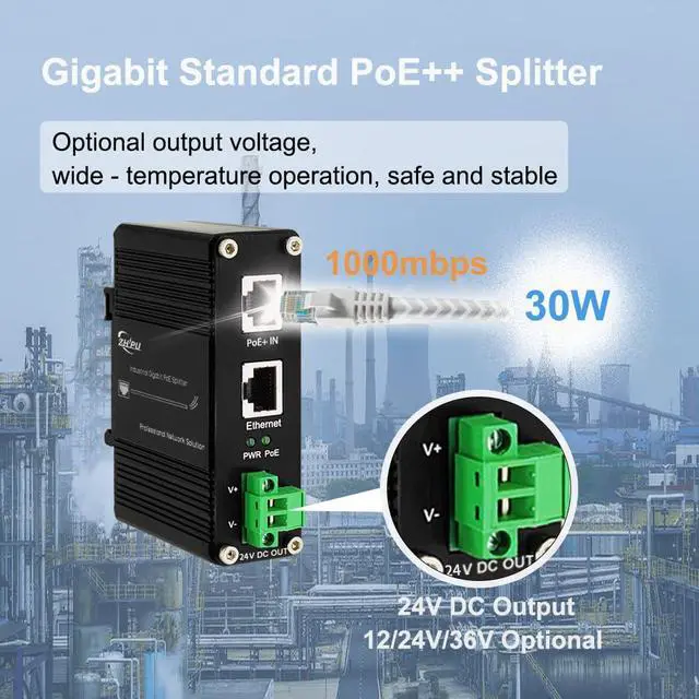 Alt view image 2 of 5 - Htfoevrxs Industrial Gigabit 30W PoE+ Splitter IEEE802.3at/af 24V DC Output with Terminal Block, 10/100/1000Mbps, -40~80°C Power Supply for Security Cameras, Access Control Systems