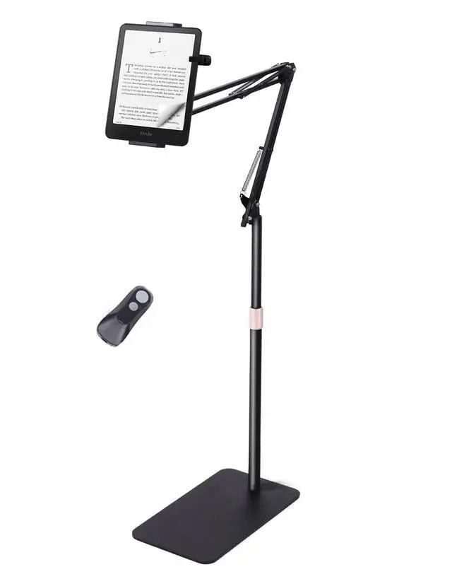 Main image of Quehun Telescopic Stand Floor Kindle Holder with Remote Page Turner,19"62" Height Range Stand for Reading in Bed,Metal Tablet with Clicker,Kindle Accessories for Tablet iPhone 4.7-12.9''