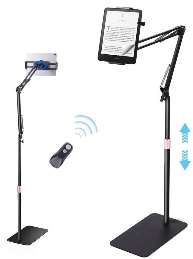 Alt view image 2 of 5 - Quehun Telescopic Stand Floor Kindle Holder with Remote Page Turner,19"62" Height Range Stand for Reading in Bed,Metal Tablet with Clicker,Kindle Accessories for Tablet iPhone 4.7-12.9''