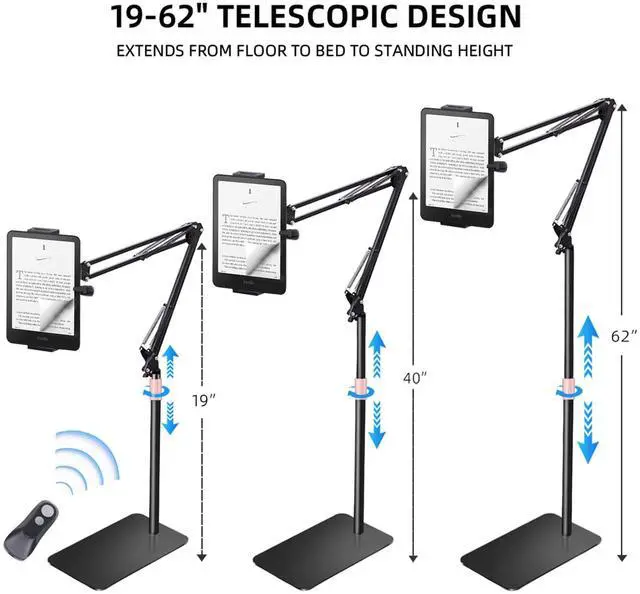 Alt view image 3 of 5 - Quehun Telescopic Stand Floor Kindle Holder with Remote Page Turner,19"62" Height Range Stand for Reading in Bed,Metal Tablet with Clicker,Kindle Accessories for Tablet iPhone 4.7-12.9''