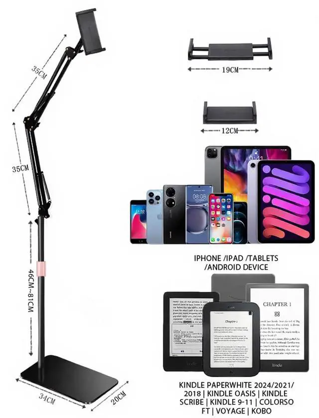 Alt view image 5 of 5 - Quehun Telescopic Stand Floor Kindle Holder with Remote Page Turner,19"62" Height Range Stand for Reading in Bed,Metal Tablet with Clicker,Kindle Accessories for Tablet iPhone 4.7-12.9''