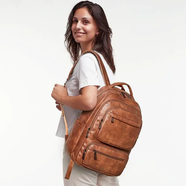 Alt view image 2 of 5 - LATMAP 43L Backpack Purse For Women Leather Shoulder Diaper Bookbag Tote 17 16 15.6 Inch Laptop Bag Handbags For Travel Work College Large Brown