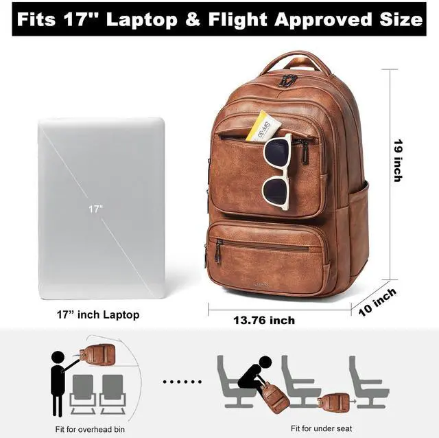 Alt view image 3 of 5 - LATMAP 43L Backpack Purse For Women Leather Shoulder Diaper Bookbag Tote 17 16 15.6 Inch Laptop Bag Handbags For Travel Work College Large Brown